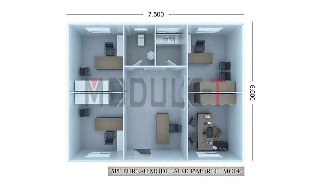 Module-T | BUREAU MODULAIRE 45,00 M² POUR 5 PERSONNES